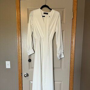 Double layer white silk satin A-line wrap wedding dress